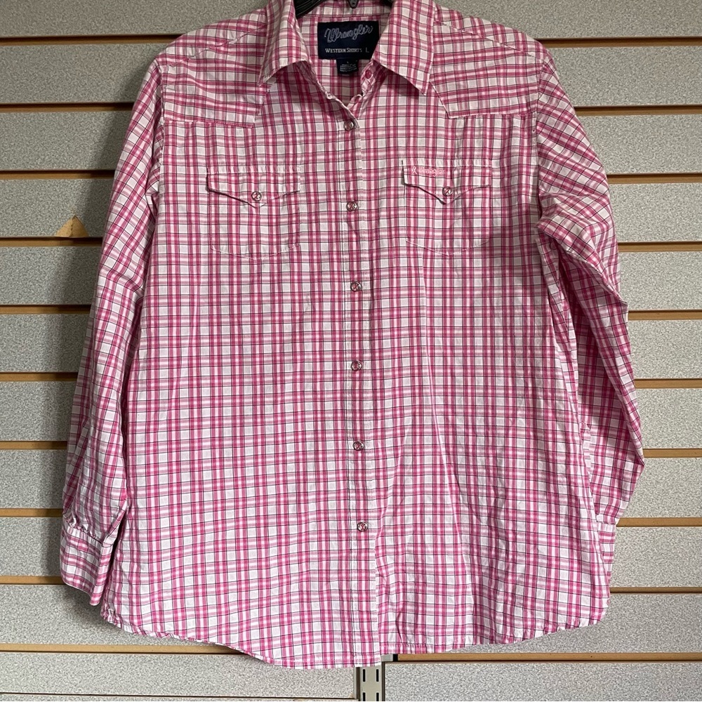 Women’s Wrangler Long Sleeve Breast Cancer Shirt! Pear Snaps Large Western Cowgi